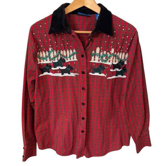 Vintage Karen Scott Sport Scottish Terrier Plaid Christmas Button Down Women M - Picture 1 of 9